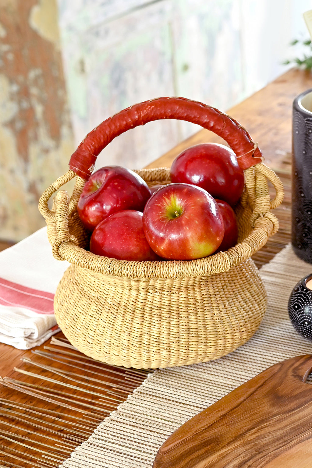 Petite Natural Swing Basket with Brown Leather Handle