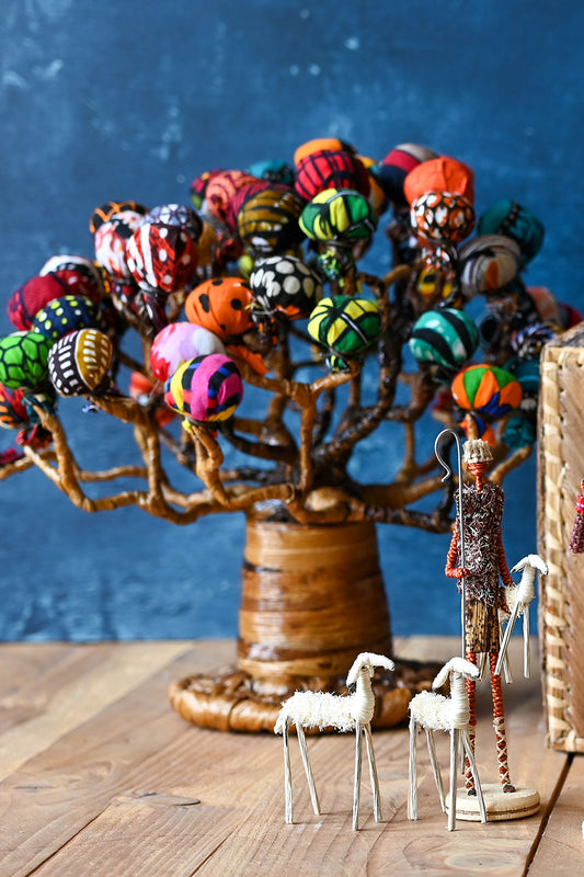 Banana Fiber Baobab Tree with Kitenge Cloth Bobbles