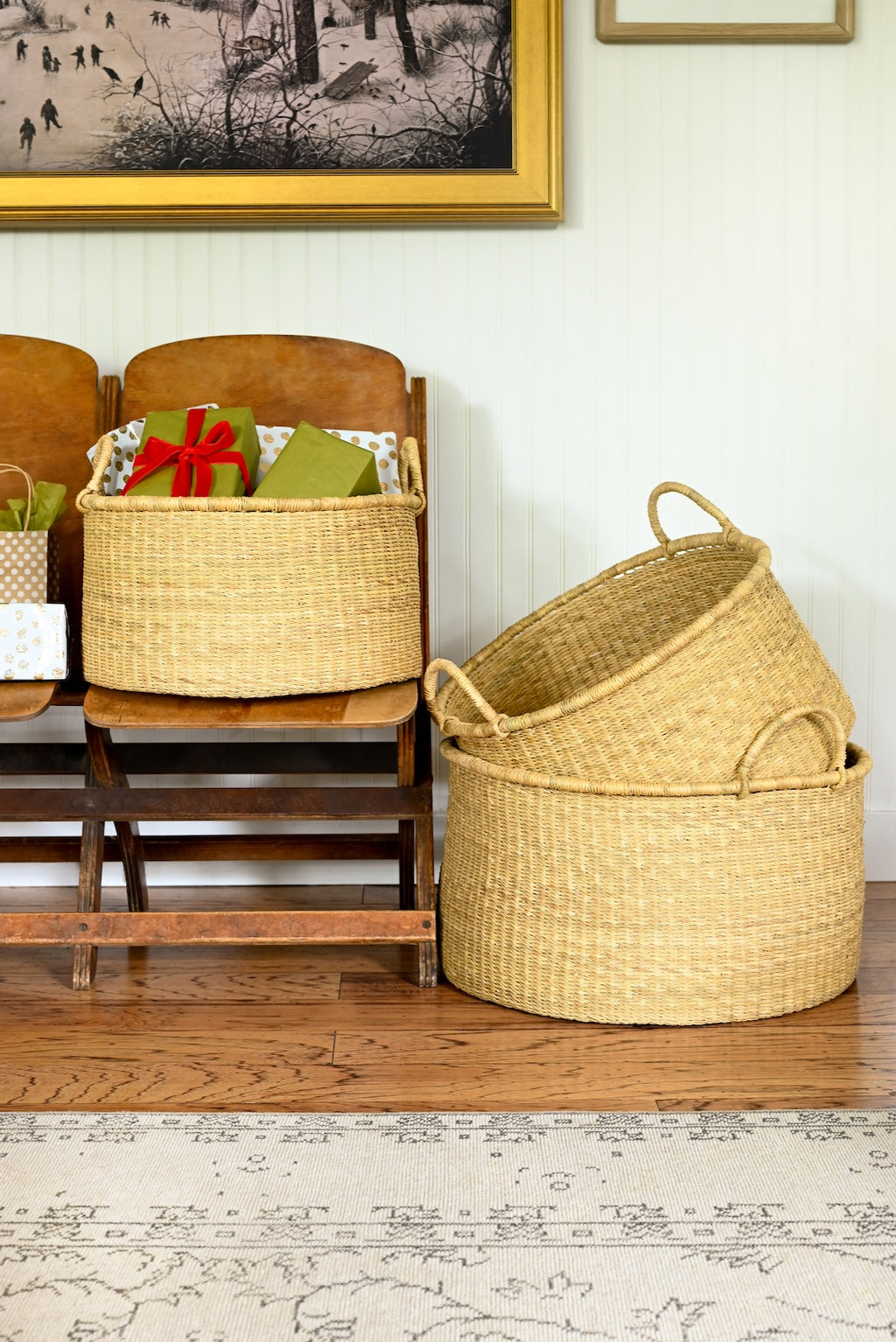 Set of Three Natural Woven Grass Floor Baskets with Handles