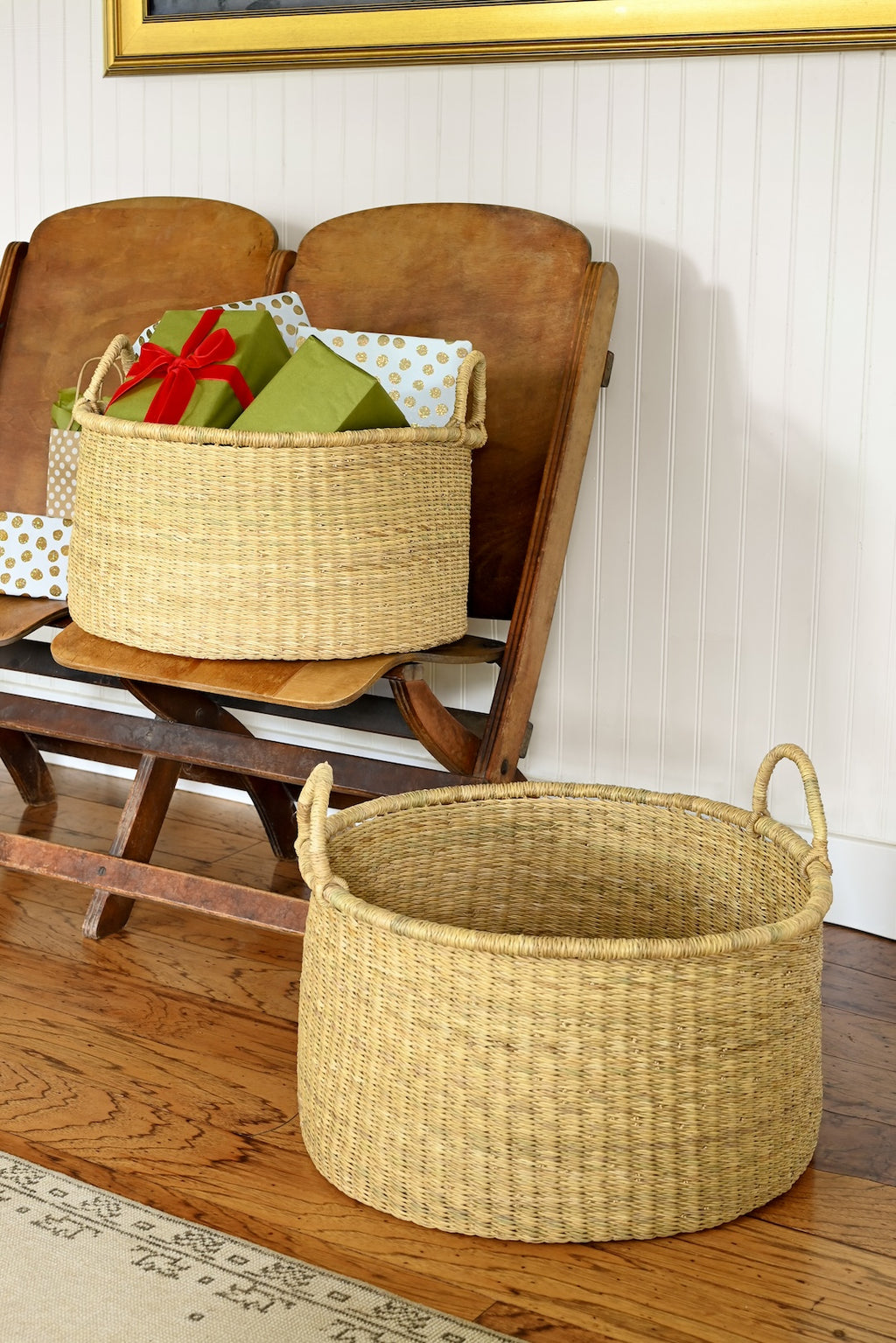 Set of Two Natural Woven Grass Floor Baskets