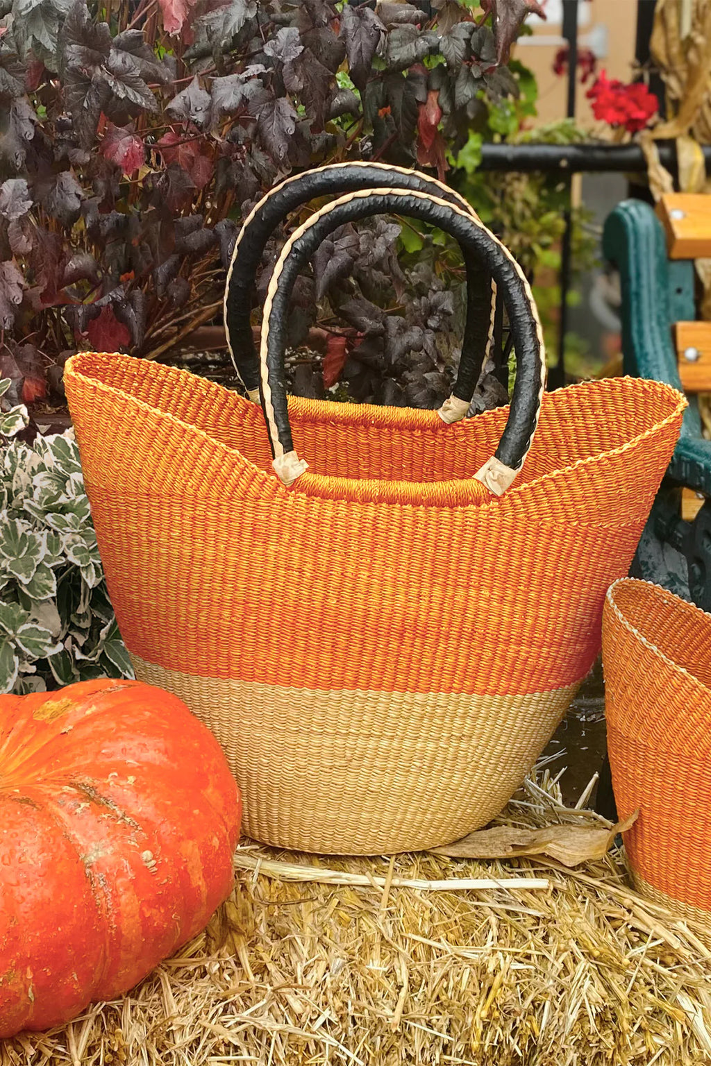 Pumpkin Color Block Wing Shopper with Braided Leather Handles