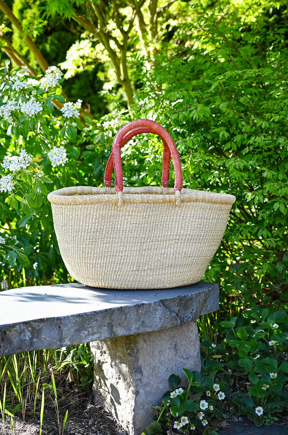 Large Oval Picnic Basket with Leather Handles - Natural