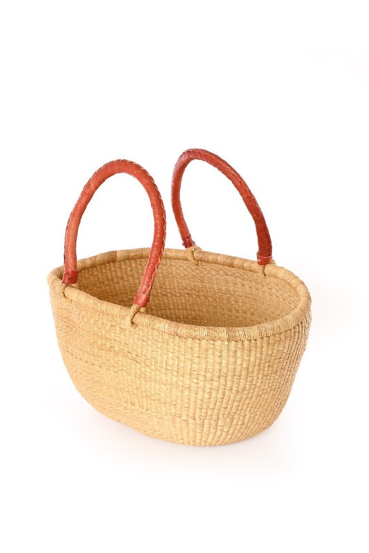 Large Oval Picnic Basket with Leather Handles - Natural