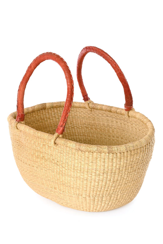 Large Oval Picnic Basket with Leather Handles - Natural