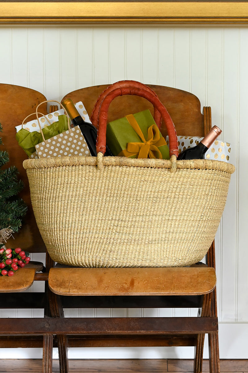 Large Oval Picnic Basket with Leather Handles - Natural