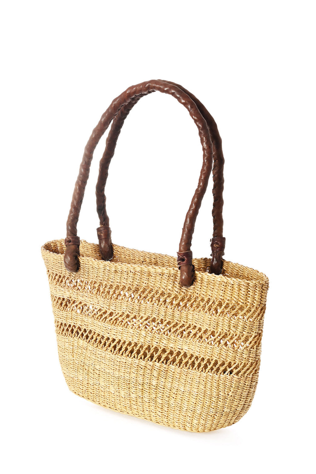 Natural Lace Weave Tote with Chocolate Brown Leather Handles