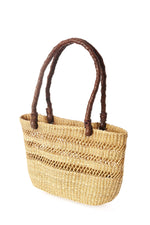 Natural Lace Weave Tote with Chocolate Brown Leather Handles