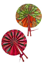 Assorted Ankara African Hand Fan with Red Leather Handle