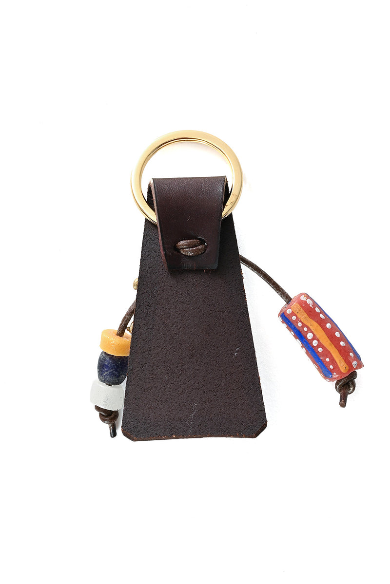 Brass Mask Key Ring with Brown Leather & Beads