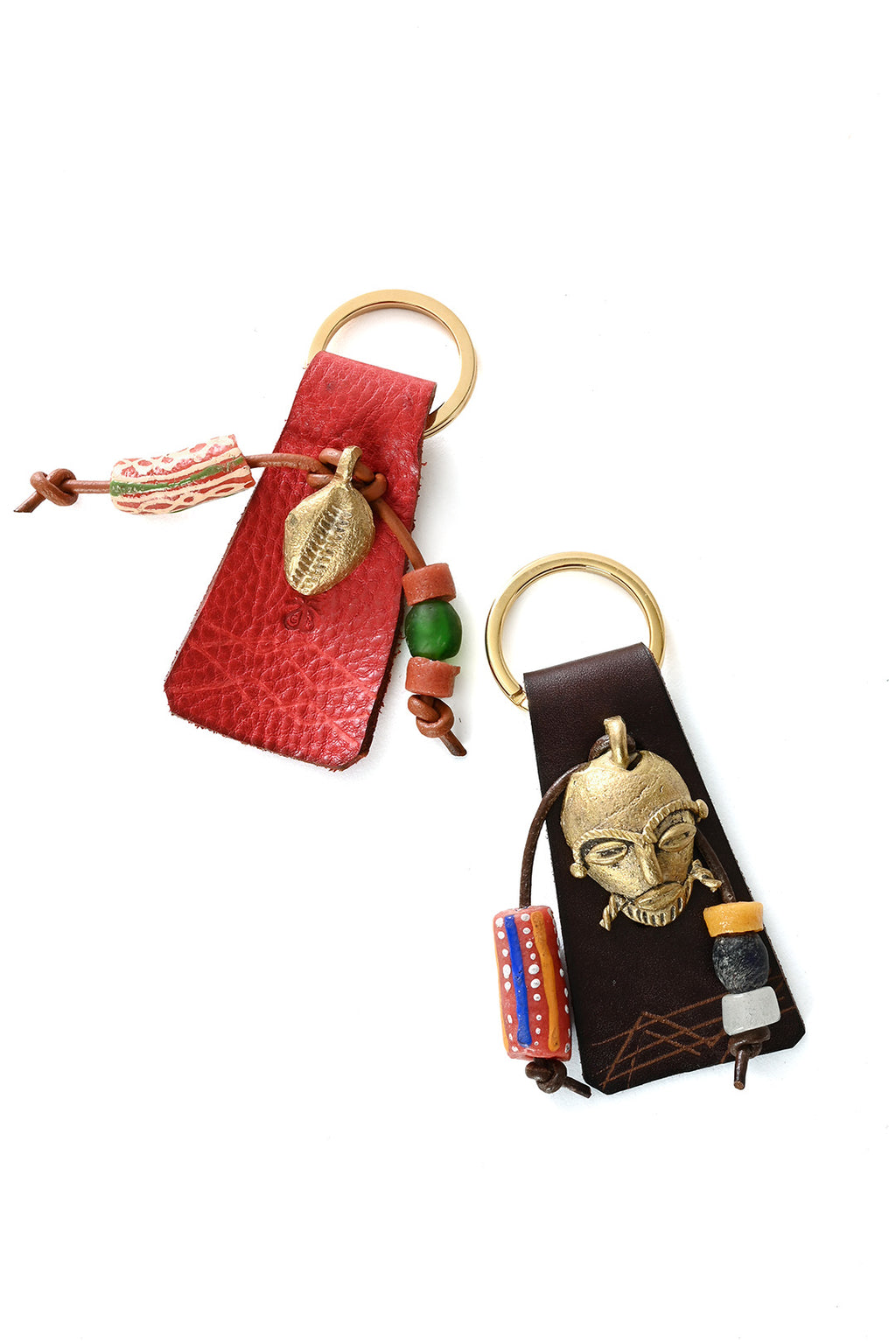 Brass Cowry Key Ring with Red Leather & Beads