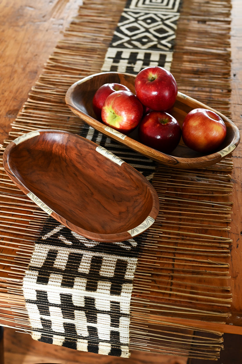 12" Wild Olive Wood Oval Bowl with Striped Bone Inlay