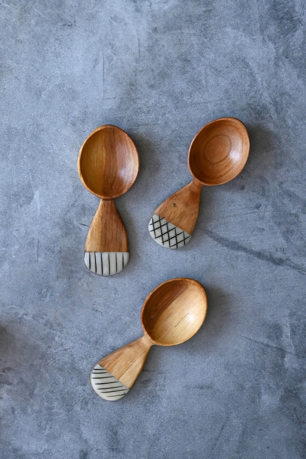 Wild Olive Wood Fig Sugar Spoon with Etched Bone Handle