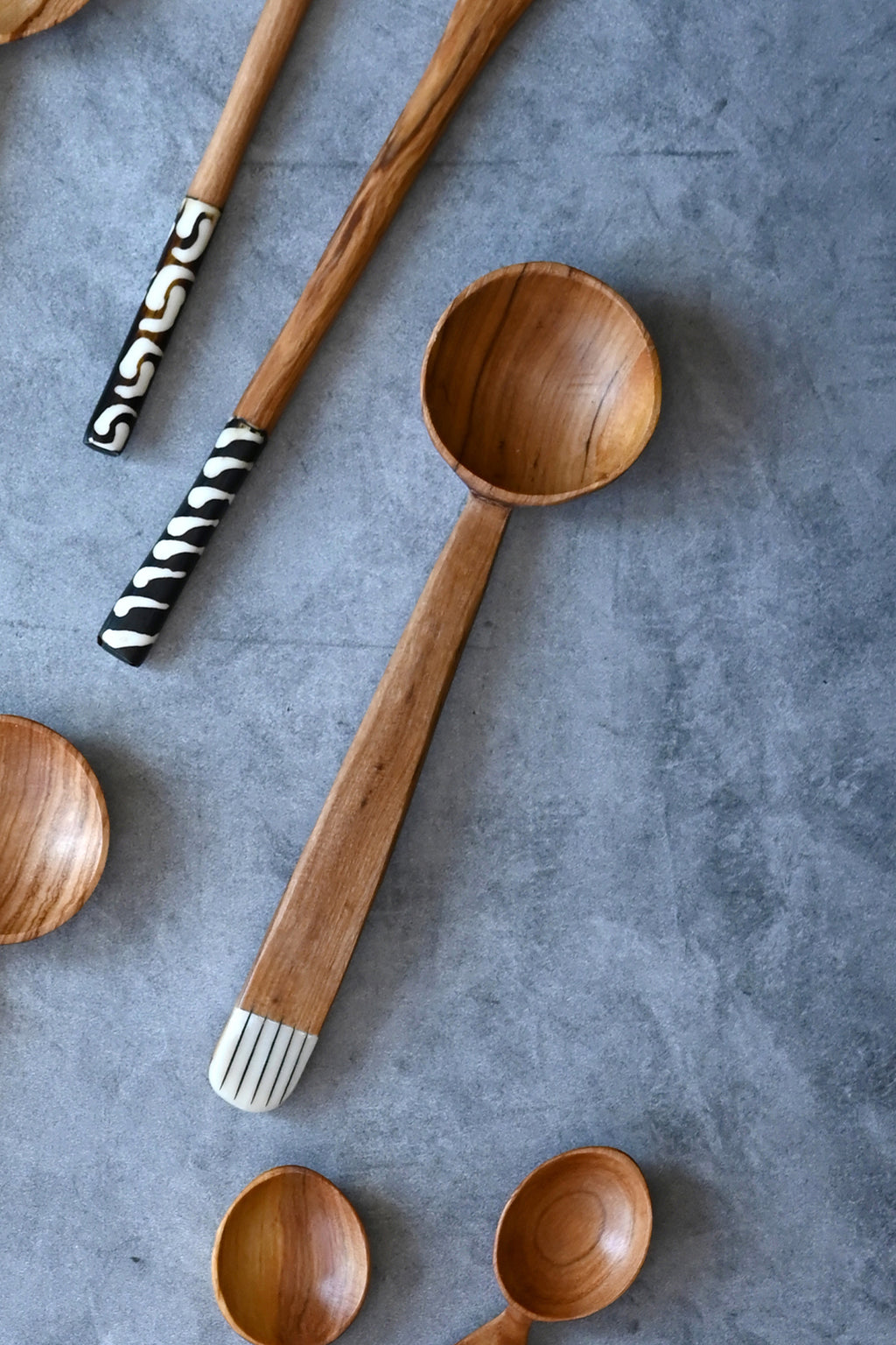 Wild Olive Wood Ladle with Etched Bone