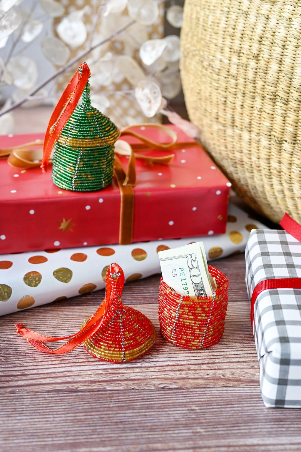 Red Beaded Holiday Gift Box Ornament