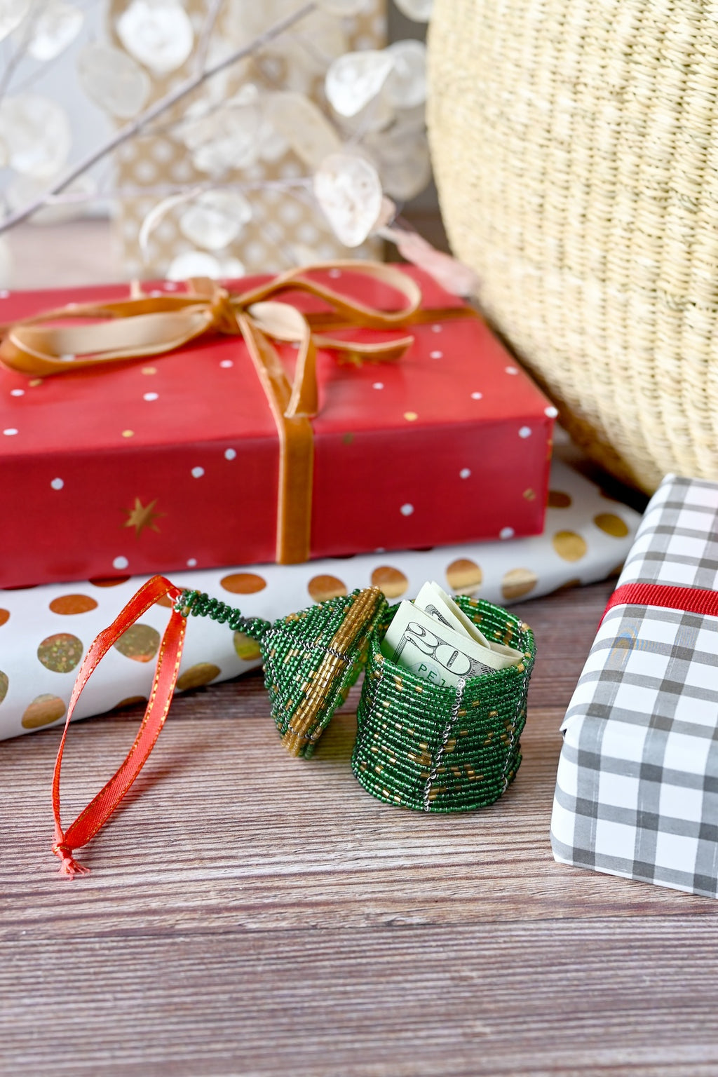 Green Beaded Holiday Gift Box Ornament