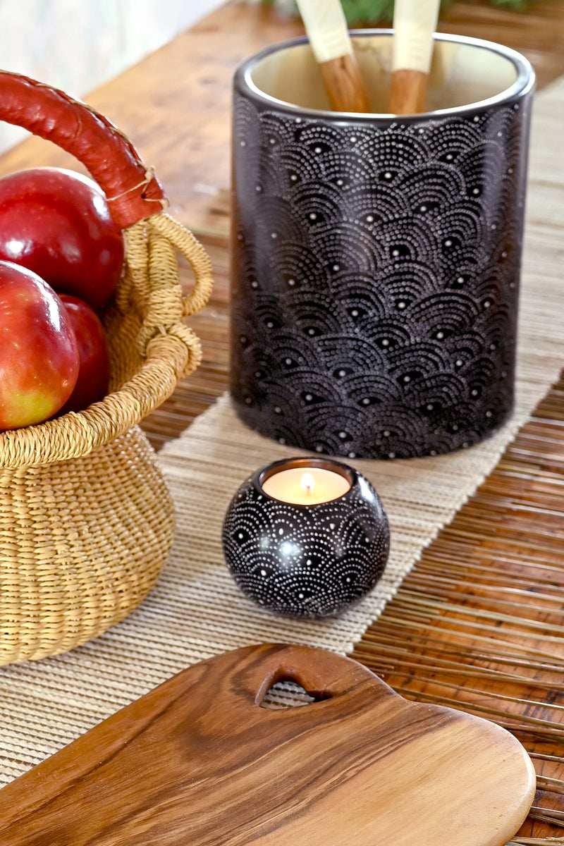 Black Deco Dot 2" Sphere Soapstone Tea Light Candle Holder