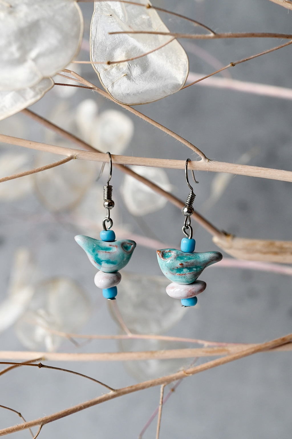 Blue Ceramic Bird Earrings from Kenya