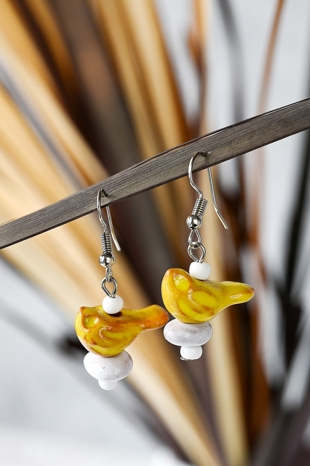 Yellow Ceramic Bird Earrings from Kenya