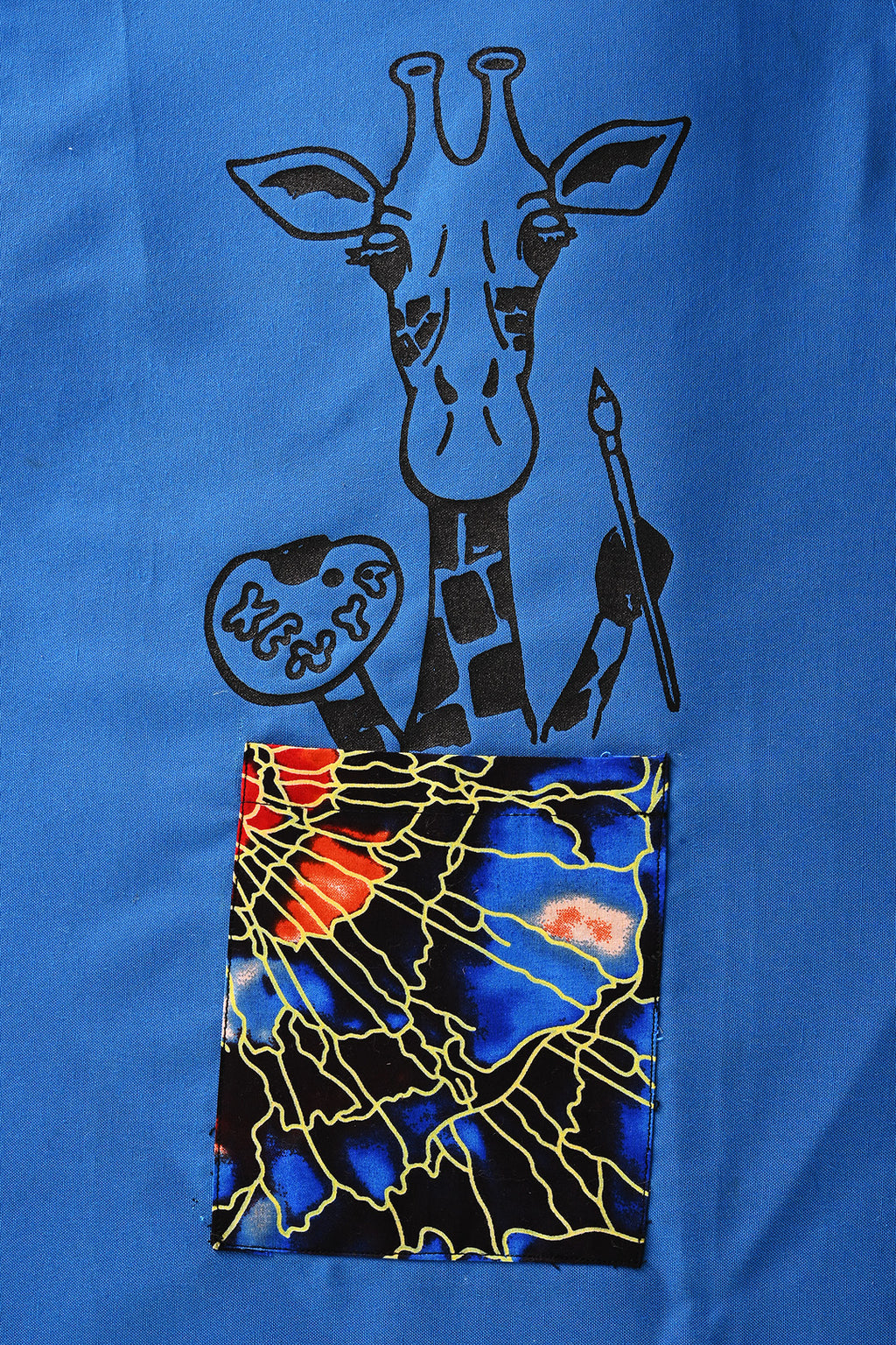 Blue Cotton Kids' Craft Apron with Giraffe and Colorful Pocket