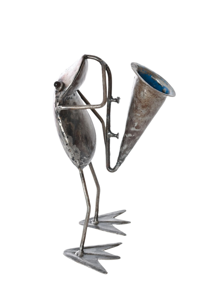 Metal Horn Playing Frog Sculpture