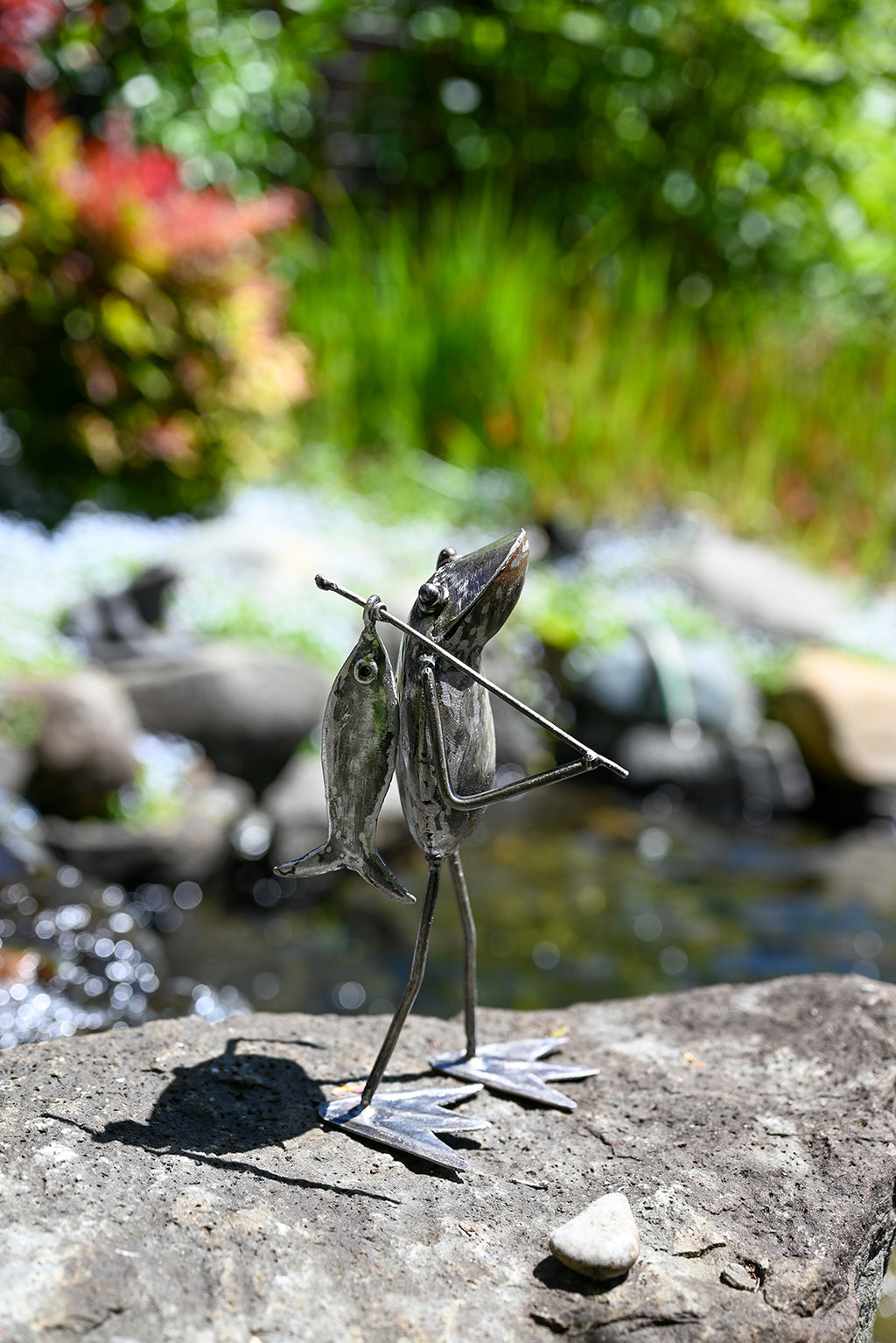 Metal Fishing Frog Sculpture