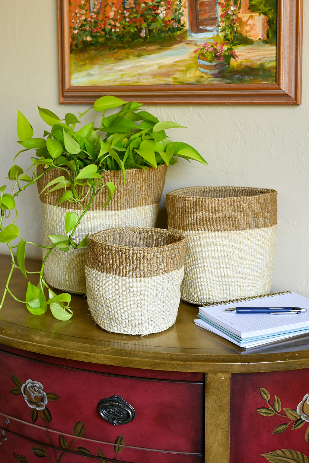 Set of Three Cream and Khaki Sisal Baskets