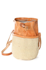 Small White Sisal Purse With Leather Cinch Top