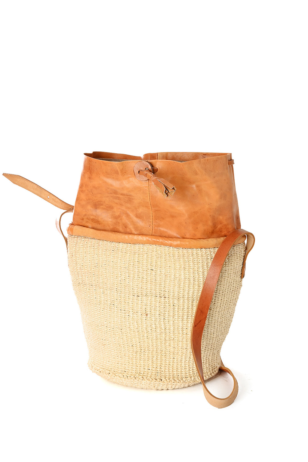 Large White Sisal Purse With Leather Cinch Top