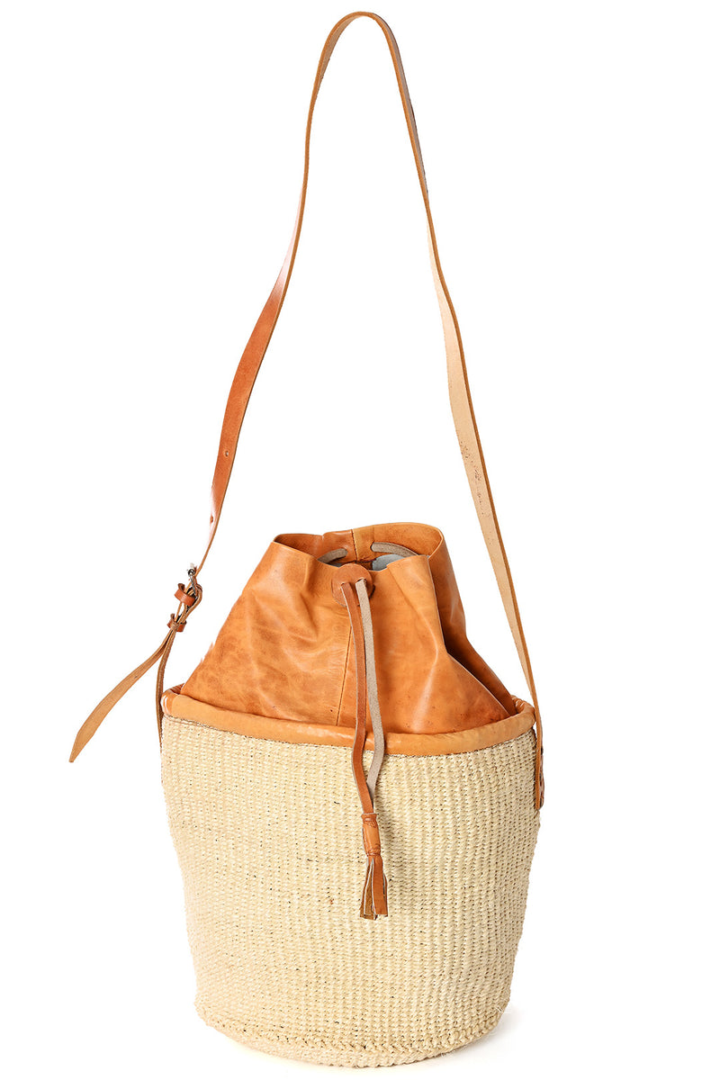 Large White Sisal Purse With Leather Cinch Top