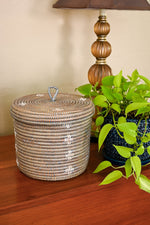 Silver and White Blossom Lidded Storage Basket