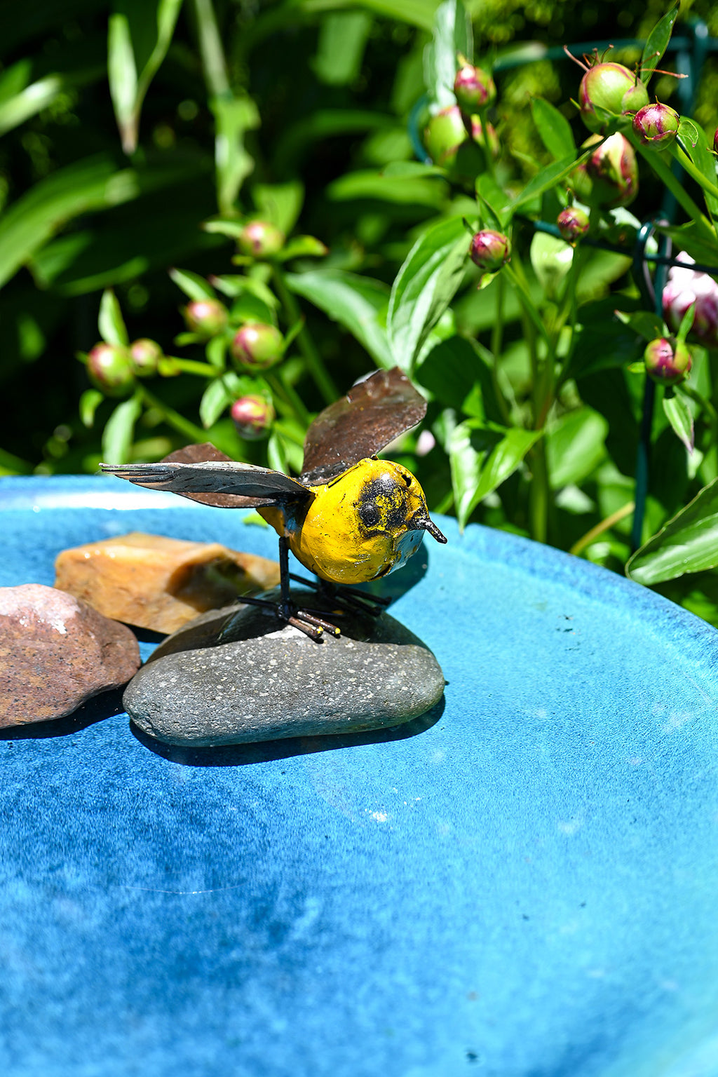 Yellow Recycled Metal Fluttering Bird Sculpture