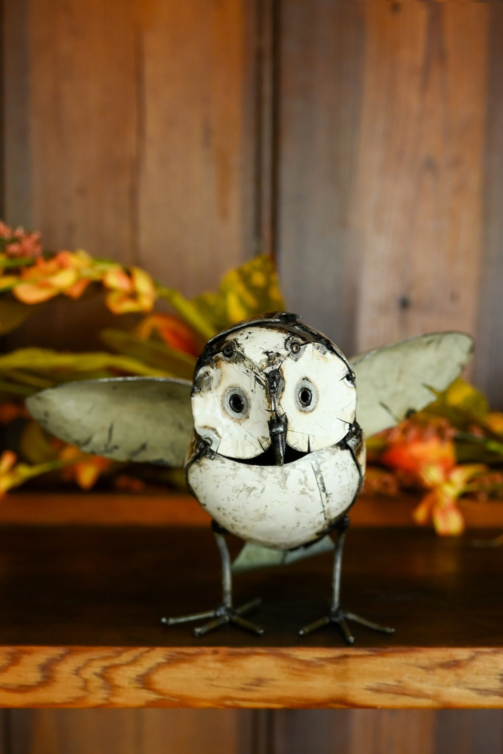 Small Recycled Metal Owl with Wings Outspread