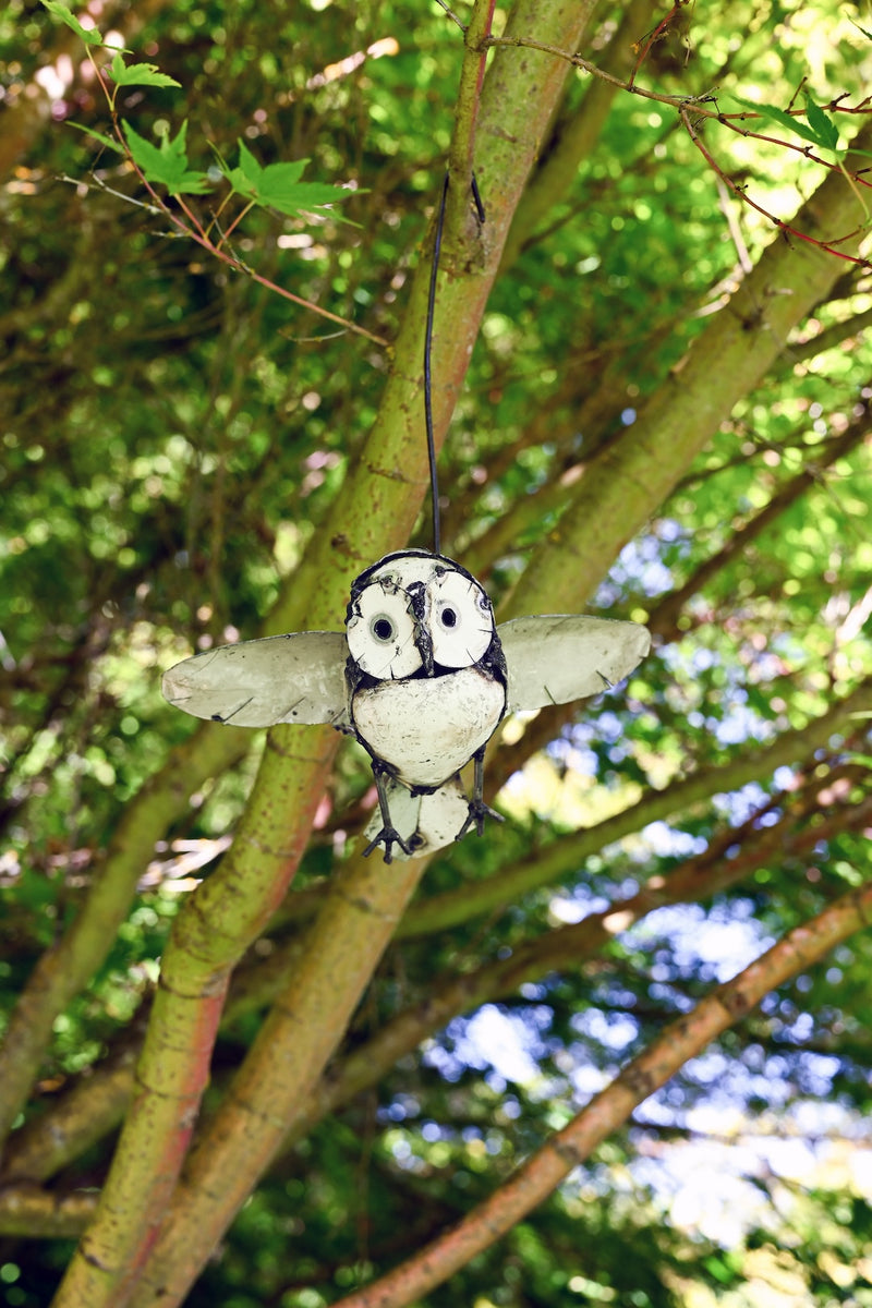 Recycled Metal Owl in Flight Hanging Sculpture