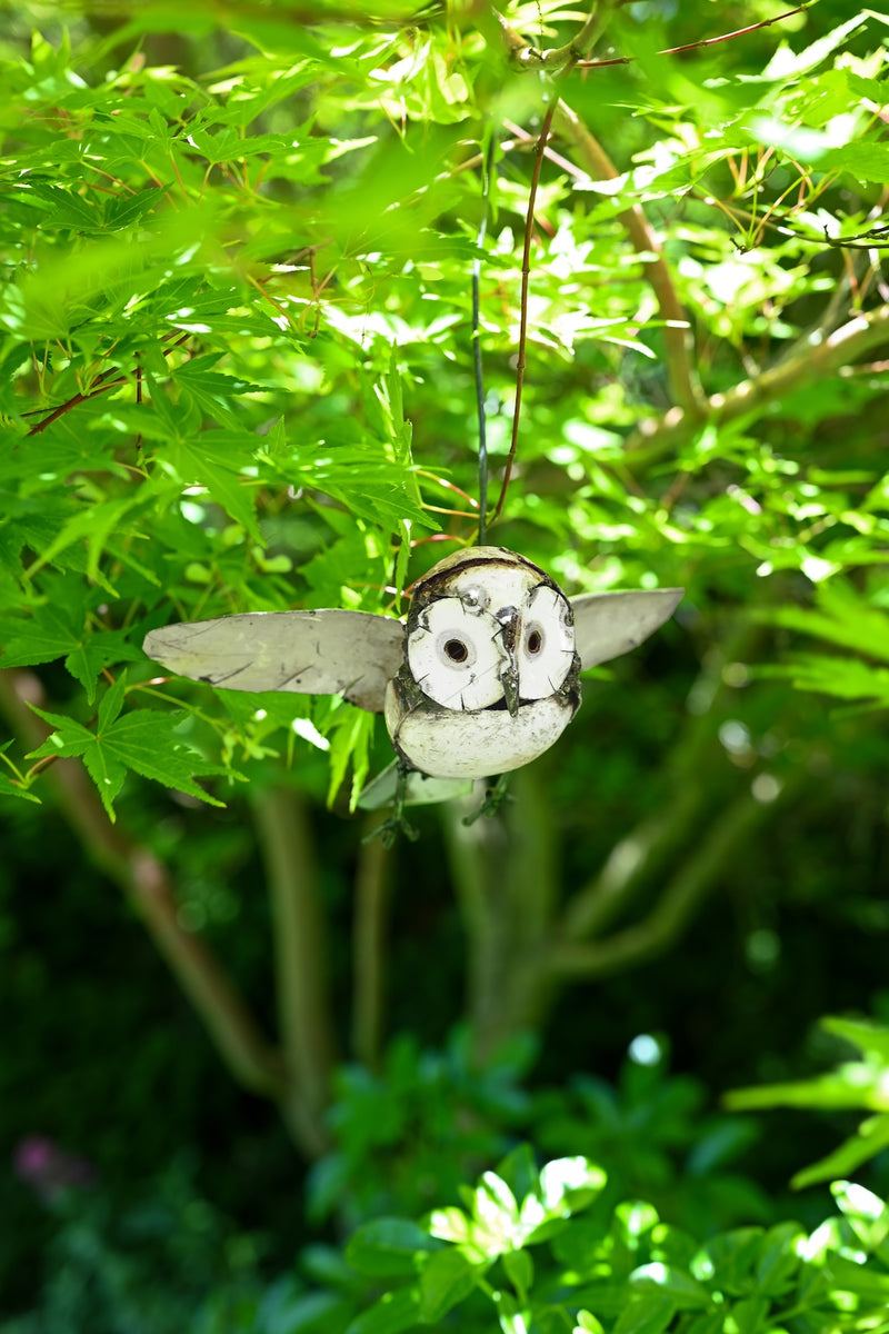 Recycled Metal Owl in Flight Hanging Sculpture