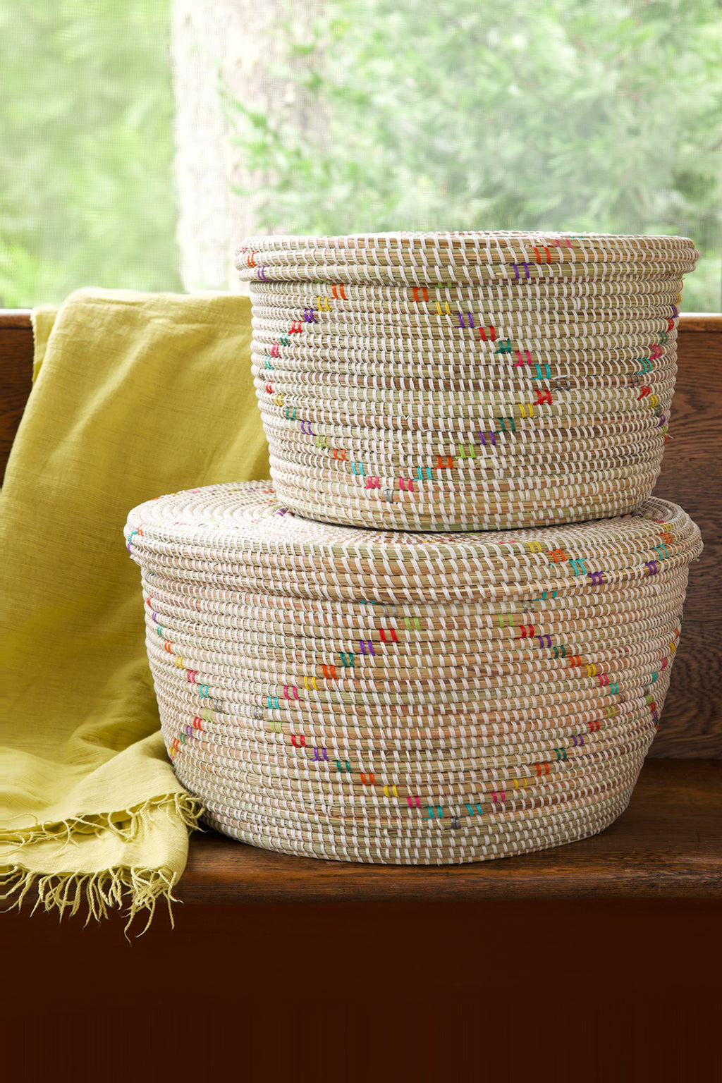 Set of Two Rainbow Garland Lidded White Storage Baskets