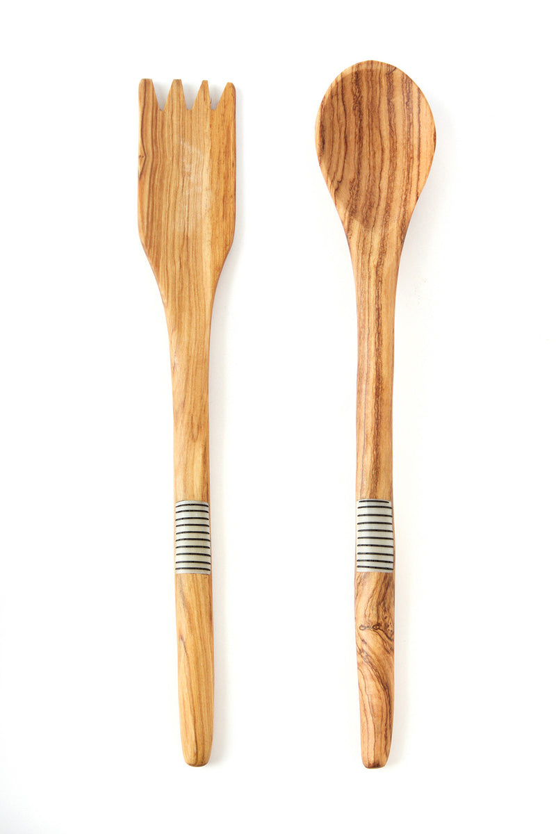 Slender Wild Olive Wood Salad Servers with Striped Bone Inlay Default Title