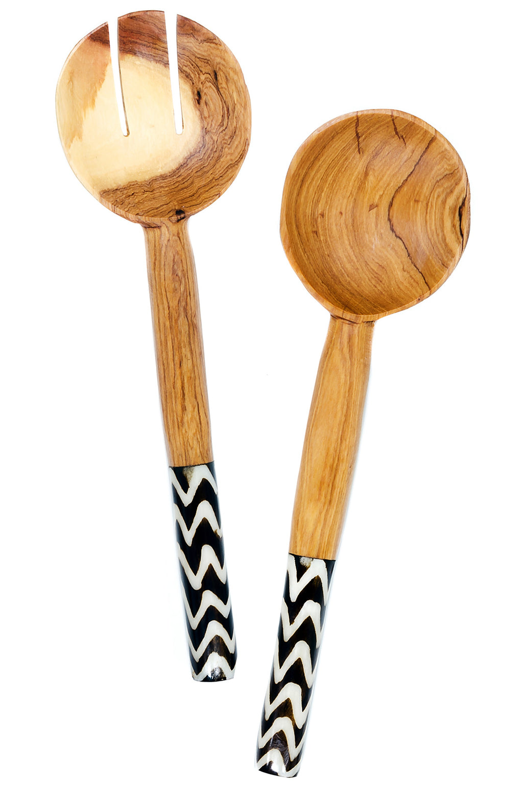 Kenyan Olivewood Salad Servers with Zebra Striped Bone Handles Default Title